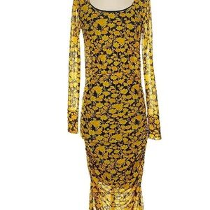 GANNI Floral Yellow and Black Long Sleeve Dress